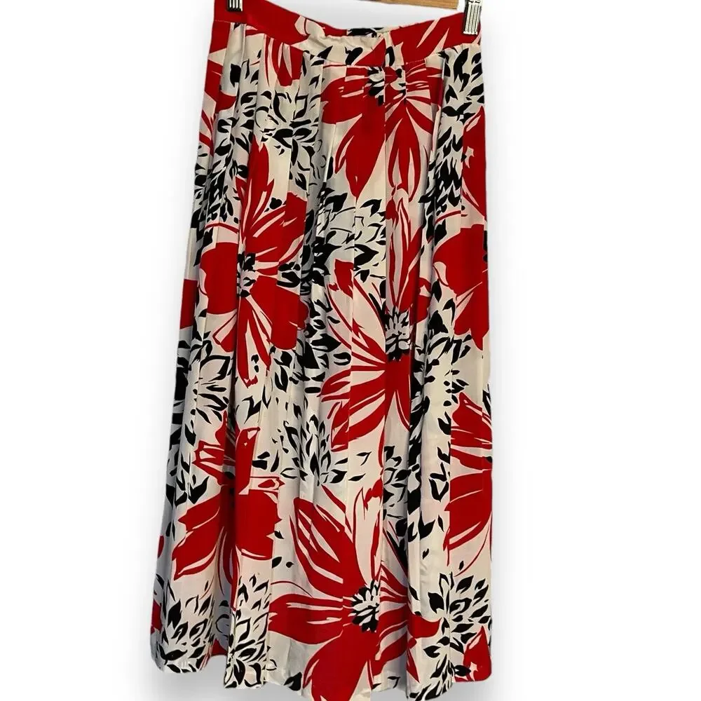 Floral Print Midi Skirt Women's XS Multicolor Retro Academia Modest Flare Casual